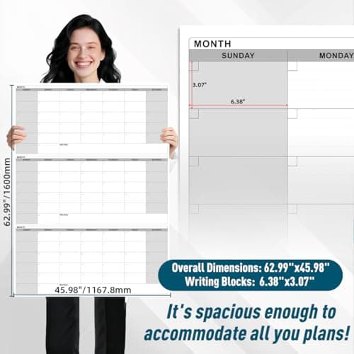 46" x 63" Dry Erase Wall Calendar - Undated 3-Month Agenda Planner Calendar, Erasable and Reusable Whiteboard with Large Daily Boxes, Notes, Stickers, Vertical Layout for Office, Classroom, or Home - Thumbnail 3