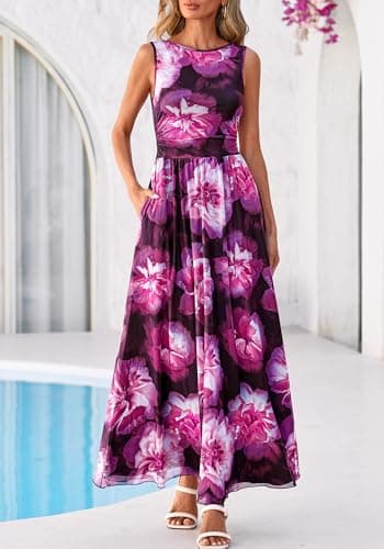 BTFBM Summer Dresses for Women 2026 Floral Maxi Dress Sleeveless Mesh Flowy Spring Wedding Guest Dress Long Sundresses(Black Flower, Large) - Thumbnail 2