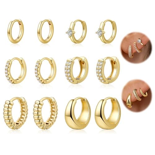 HILXURY 6 Pairs Small Gold Huggie Hoop Earrings for Women, 14K Gold Plated Cartilage Piercings Hoop Earrings Hypoallergenic, Trendy Lightweight Chunky Hoops Set for Women Gifts. (D- Gold) - Image 1