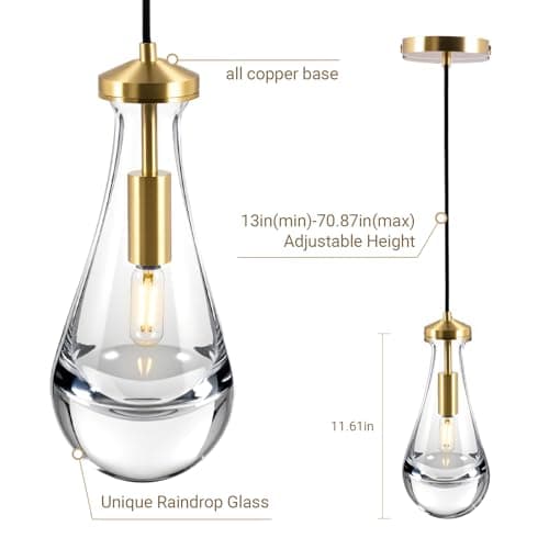 Fulfilment 13-72 Inch Adjustable Raindrop Pendant Light,Suitable for Kitchen Island, Living Room, Bedroom, Hallway... Modern, Crystal Glass, Brass, Light Size 4.72" x 11.61" - Thumbnail 5