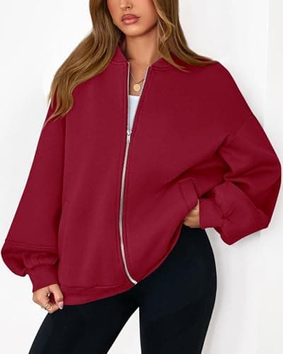 KIRUNDO Oversized Sweatshirt for Women Zip Up Bomber Jacket 2026 Fall Fashion Casual Long Sleeve Outerwear Winter Outfits(Red, Large) - Thumbnail 5