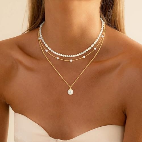 Fezodo Gold Layered Pearl Necklaces for Women, Dainty Pearls Necklace Trendy Pearl Choker Stack Cute Pearls Wedding Bridesmaid Bride Jewelry Gold Necklace for Women Jewelry Gifts - Thumbnail 3