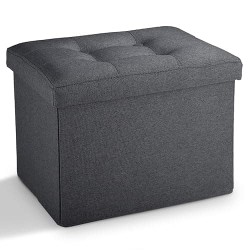 LINMAGCO Small Storage Ottoman Stool Foot Rest Stool Under Desk Stool Short Folding Ottoman Linen Cloth Dark Gray 17X13X13IN