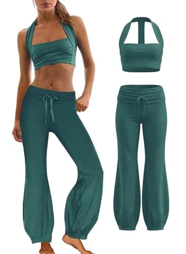 Panadila Women 2 Piece Yoga Sets Pilates Outfit Halter Sports Bra Fold Over Flare Leggings Matching Workout Set (Dark Green,L) - Image 1