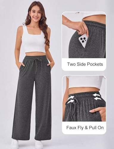 Arolina Fall Pants for Women Soft Lounge Sweat Pants Elastic Waist Mid-Weight Trousers Plus Size Wid Leg Pants with Pockets Dark Gray - Thumbnail 4