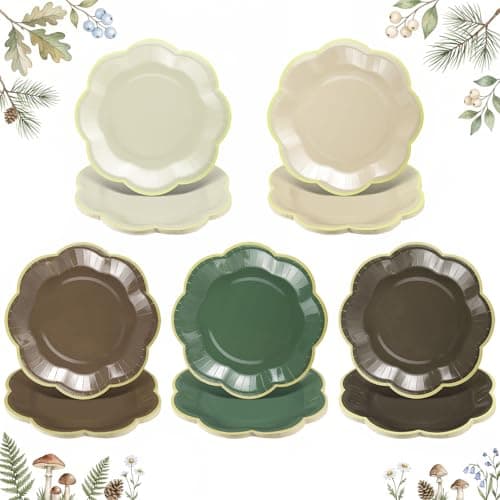 NatNarr 60 Pcs Woodland Baby Shower Party Plates, 7 Inch Scalloped Brown and Sage Green Paper Plates Forest Theme Cake Dessert Plate for Safari Baby Shower Decorations, Birthday - Image 1