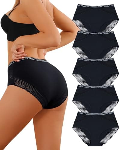 LEVAO Women’s Cotton Underwear High Waisted Full Coverage Briefs, Soft Breathable Lace Trim Brief Hipster Panties 5 Pack (S–XXL) - Image 1