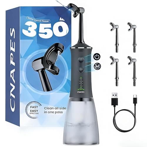 Cordless Water Flosser for Teeth: 4 Pressure Settings, 360° Clean with 4 U-Shaped Flossing Heads, IPX7 Waterproof, 30-Day Battery, Rechargeable Flosser for Braces Sensitive Gums (Black & Gray)