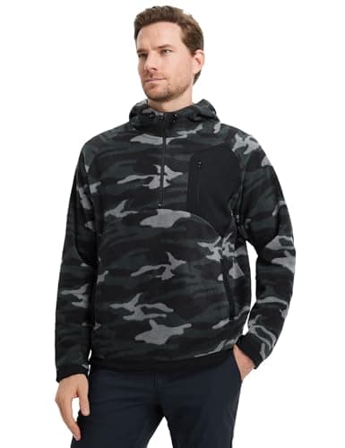 M MAELREG Mens Hoodies Microfleece Winter Warmth Golf Quarter Zip Hoodies Polar Fleece Hooded Sweatshirts for Men Black Camo - Thumbnail 2