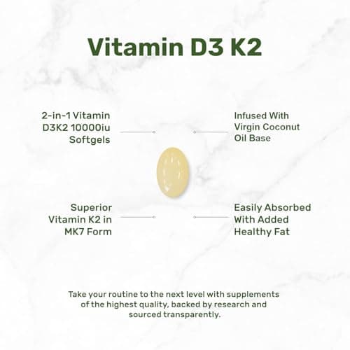 RTMGOB Vitamin D3 K2 Supplement,Vitamin D3 10,000 IU + K2 MK-7 200 mcg Virgin Coconut Oil Softgels,Immune,Teeth & Bone Health Extra Strength,Non-GMO, Gluten Free-Easy to Swallow-180 Softgels - Thumbnail 4