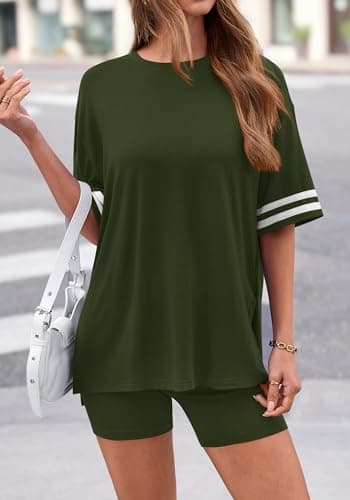 KIRUNDO 2 Piece Sets for Women Summer Lounge Set Airport Travel Outfit 2026 Oversized Shirts Matching Biker Shorts Clothing(Army Green, Large) - Thumbnail 4