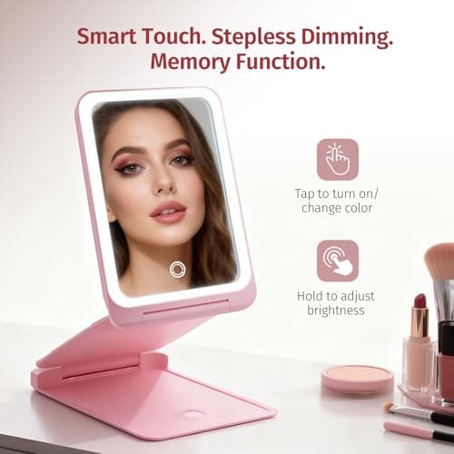 INFOOD Travel Makeup Mirror - Rechargeable LED Vanity Mirror 7.8x5 Inches with 1X/3X Magnifying, 3 Color Dimmable Light, Touch Screen, Foldable Design with Stand, Portable for Travel & Cosmetic, Pink - Thumbnail 5