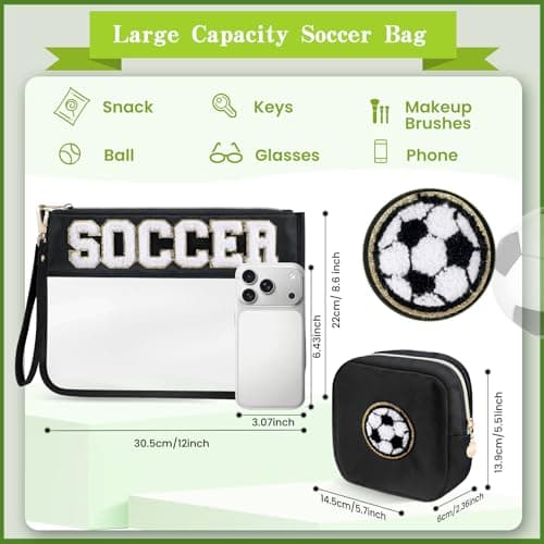 PEVART 2-Piece Soccer Gifts Makeup Snack Bag Chenille Letter Patch | Large Soccer Clear PVC Travel Zipper Pouch Accessories Stuff Waterproof Portable Sport Bag for Boys, Girls - Thumbnail 2