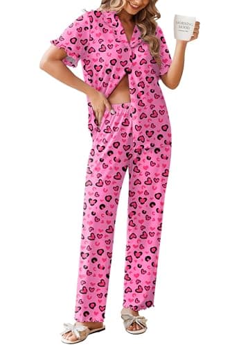 Ekouaer Womens Pajama Sets Ruffle Sleeve Printed PJs 2 Piece Button Down Sleepwear Comfy Loungewear with Pockets Love Leopard Print L - Image 1