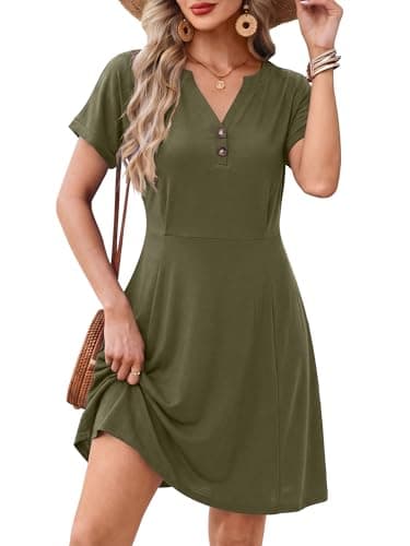 AUMORA Summer Dresses for Women 2026 Casual T Shirt Dress V Neck Short Sleeve with Pockets Loose Beach Vacation Dress Green