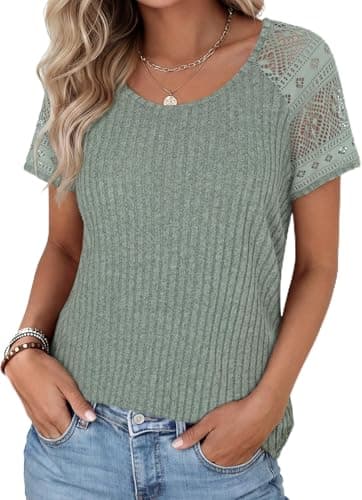 Pleneal Women's Short Sleeve Shirts Womens Summer Lace Tops Round Neck Dressy 2026 Spring Trendy Casual Business Clothes Green - Image 1