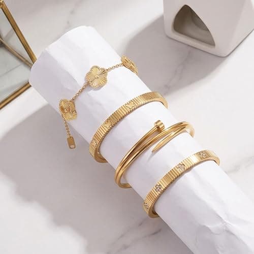 Stackable Gold Bracelets for Women - 4 Sets, 18K Gold Plated Bracelets, Stainless Steel Bangle Bracelets Non-Tarnish, Stylish Gold Jewelry Ensemble, Valentine's Day, Birthday and Christmas Jewelry Gifts - Thumbnail 5