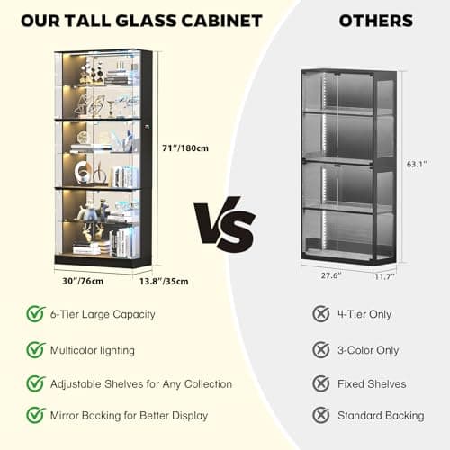 VersionTECH. Display Cabinet with Glass Doors, 6-Tier 71'' Tall Curio Cabinet with RGB Lights for Collectibles, Display Case with Adjustable Glass Shelves, Human Body Sensor, Mirror Backing, Black - Thumbnail 6