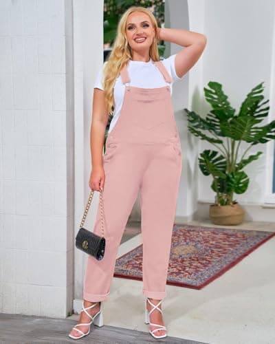Vetinee Women's Pink Adjustable Straps Pockets Boyfriend Denim Bib Overalls Jeans Pants Large Size 12 Size 14 - Thumbnail 6