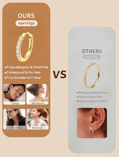 ENVYOU 316L Surgical Steel Huggie Hoop Earrings,Dainty Pave Cubic Zirconia Cartilage Tiny Earring for Sensitive Ears Hypoallergenic Lightweight (Gold,18G 8/10/12mm) - Thumbnail 4