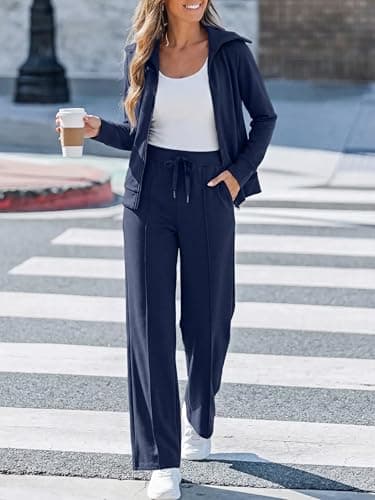 Casly Lamiit Two Piece Sweat Sets for Women Lounge Outfits Matching Travel Sweatsuit Winter Casual Zip Up Track Jacket Athletic Clothing Navy Blue XL - Thumbnail 5