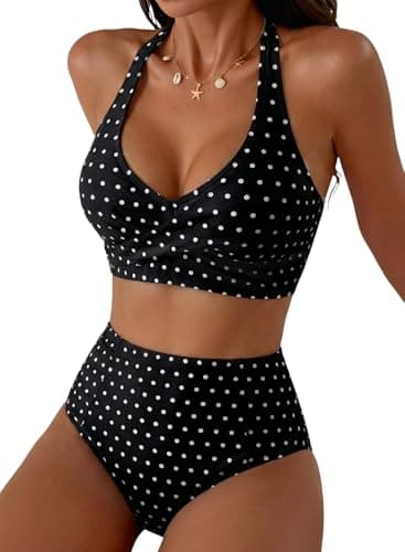 Herseas Women's Black Bikini Sets Halter Patch Pocket Supportive Swimsuits High Elasticity 2 Piece Tummy Control Bathing Suit 2026 Summer Fashionable Beach Swim Outfits Polka Dots Medium - Image 1