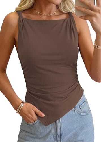 KIRUNDO Asymmetrical Tops for Women Summer Sleeveless Twist Straps Slim Fit Y2K Ruched Tank Shirts Going Out Top Resort Wear Brown - Image 1