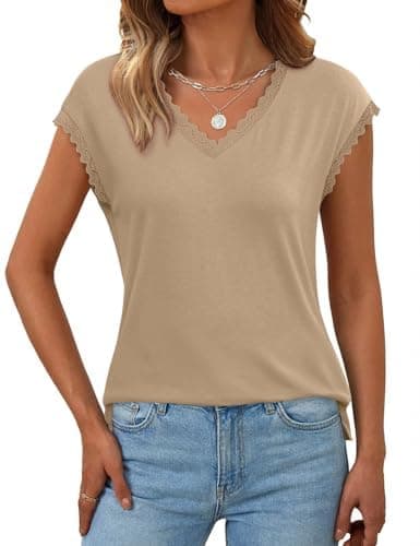 JUSTFASHIONNOW Cap Sleeve T Shirts for Women Lace Trim V Neck Tops Dressy Casual Blouses Cute Summer Tank Tops Spring Clothes(Khaki,Medium) - Thumbnail 2