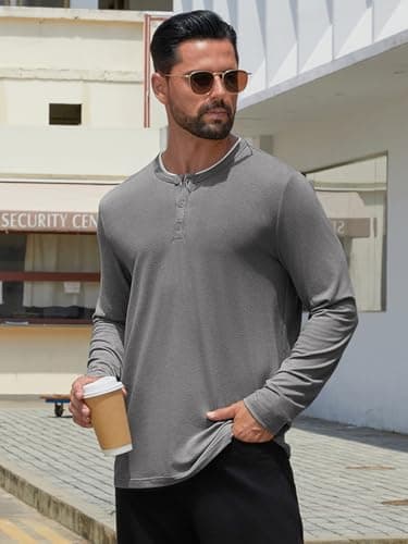 Hardaddy Men's Long Sleeve Henley Shirts Casual Color Block Henley Button T-Shirt Tops Deep Gray XXL - Thumbnail 4