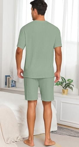 PrinStory Mens Pajamas Set Short Sleeve Crew Neck Pajama for Men 2 Piece Pjs Sets Lounge Set with Pockets Gray Green-2XL - Thumbnail 5