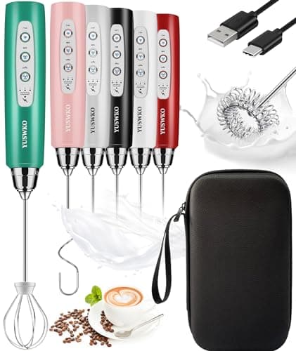 YUSWKO Rechargeable Milk Frother for Coffee, Handheld Drink Mixer with 3 Heads 3 Speeds, Ideal Coffee Frother Wand for Travel - Green