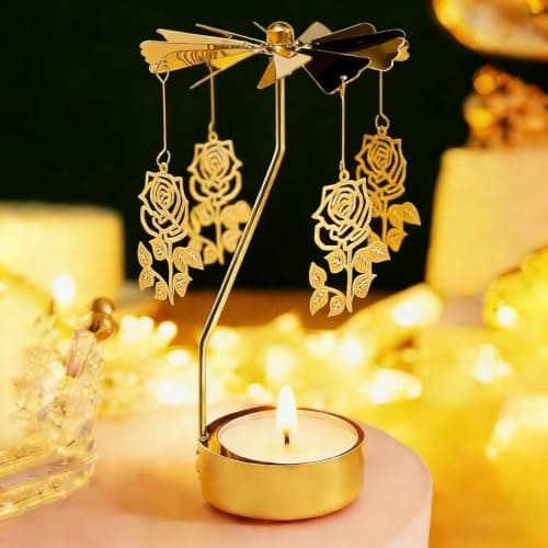 Spinning Candle Holder, Rotating Carousel Tealight Candle Holder, Unique Birthday Gift for Women, Mom, Sister, Friends, Christmas, Valentine's Day (Rose)