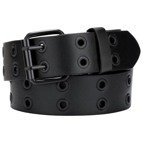 SANSTHS Women Double Grommet Studded Belts, Black Leather Belt for Women Men Punk belt,all black,L - Image 1