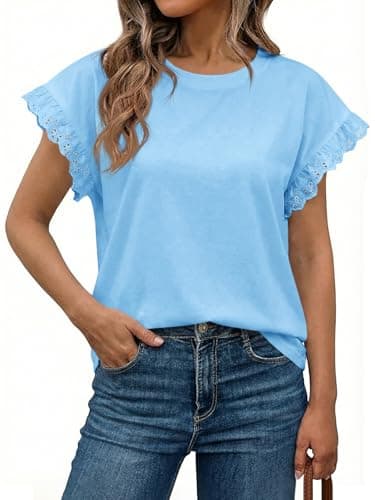 Tankaneo Womens Summer Crewneck T Shirts Lace Cap Sleeve Tops Dressy Casual Loose Fit Work Basic Tees Outfits 2026 Light Blue