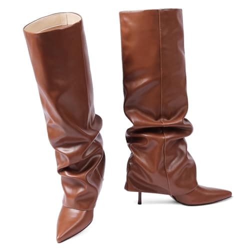 COMFITORIA Womens Knee High Boots, Fold Over Shark Boots Stiletto Heels Slouchy Long Boot Pointed Toe Thigh High Dress Shoes Sexy Fashion Tall Boot for Women with Zipper - Thumbnail 4