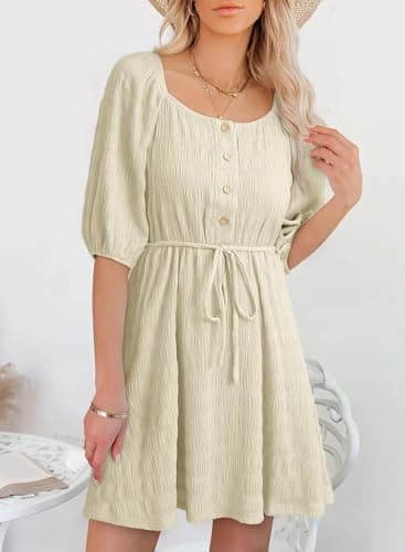 Dokotoo Casual Dresses for Women 2026 Boho Pleated Square Neck Short Sleeve A Line Apricot Dress Cute Going Out Dress Fashion Elegant Button Dresses X-Large - Thumbnail 6