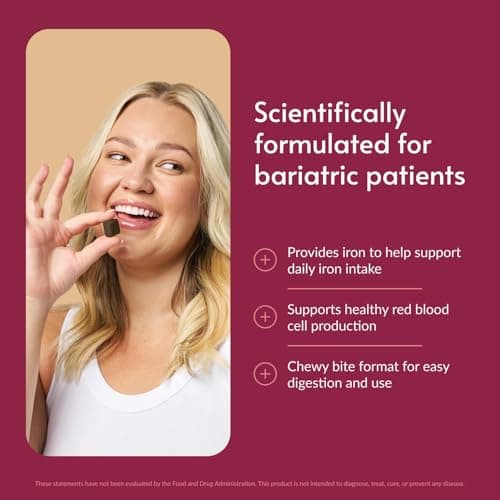 Bariatric Advantage Iron 30 mg Chewy Bite with Vitamin C - for Bariatric Patients - Sugar-Free - Chocolate Raspberry - 30 Count - Thumbnail 2