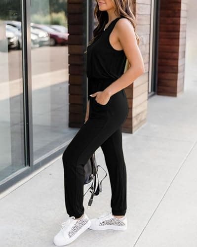 KIRUNDO Women 2026 Summer Jumpsuits Casual Sleeveless Drawstring Elastic Waist Romper Vacation Cruise Airport Travel Outfits(Black, Large) - Thumbnail 6