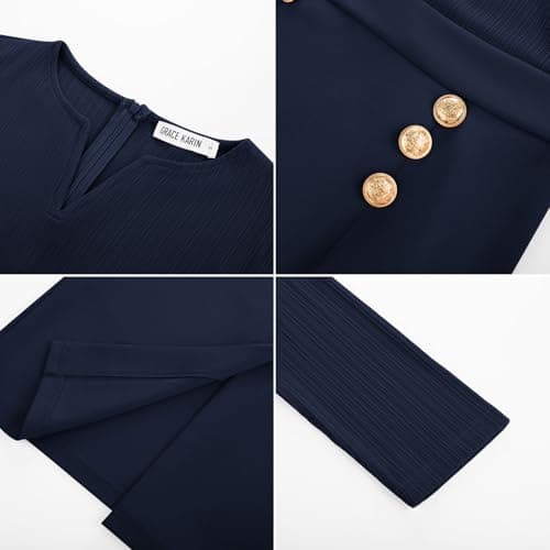 GRACE KARIN Women's 2026 Fall Henly V Neck Business Work Dress Long Sleeve Bodycon Midi Elegant Office Sheath Dress Navy Medium - Thumbnail 6