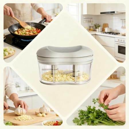 Manual Garlic Chopper, One-Hand Operation, 4-Blade Food-Grade Stainless Steel, Multi-Function for Baby Food & Picnic, Compact Size 3.35x5.12x3.35 Inches (8.5x13x8.5cm), Ideal for Home Cooks - Thumbnail 2