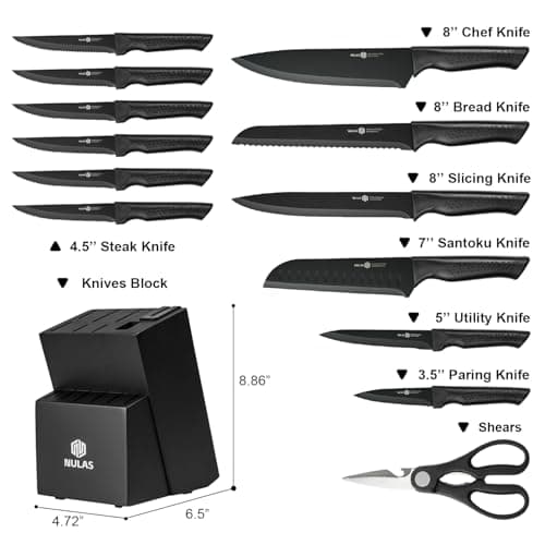 NULAS Knife Set, 15-Piece Kitchen Knife Set with Block and Built-in Sharpener, Dishwasher Safe, Non-slip Handle, 6 Steak Knives, Black - Thumbnail 2
