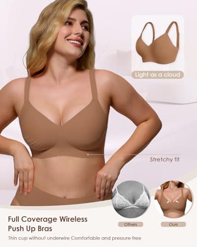 As Fairy Womens Wire Free Push Up Bra Seamless Full Coverage T-Shirt Bralettes with Side Support Light Brown 40B - Thumbnail 5