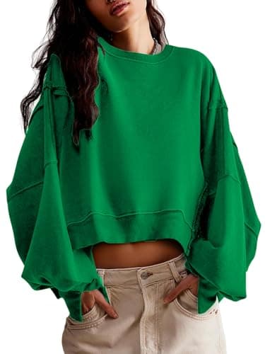 ALPSWARE Womens Cropped Sweatshirt Long Sleeve Tops Crewneck Loose Tee Fall Pullover Crop Side Slit Casual Green S - Image 1