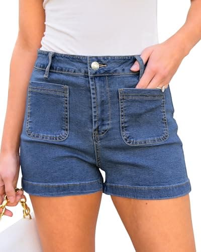 luvamia Womens Medium Blue Jean Shorts Plus Size Jean Shorts Womens Jorts Jean Shorts Womens High Waisted Stretchy Shorts Women Comfy High Rise Shorts Medium Blue Size X-Large US Size 16 to Size 18 - Image 1