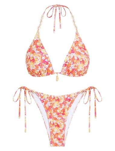 ZAFUL Triangle Halter Orange Floral Bikini Set for Women Sexy String Brazillian Two Piece Swimsuit Cute Bikini Bathing Suit 2026, Small - Image 1