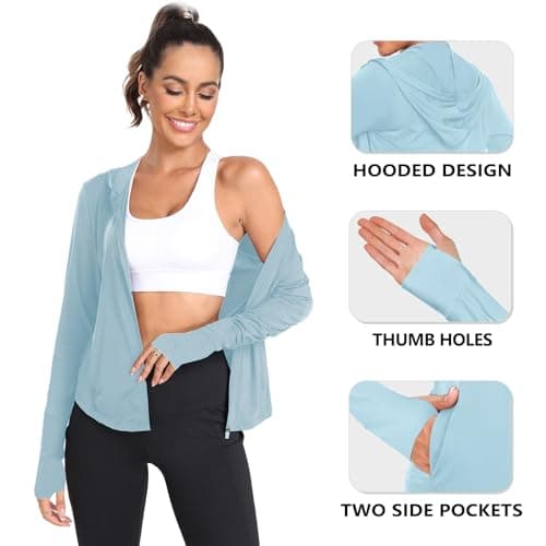 AGVNG Womens UPF 50+ Sun Protection Sun Hoodie Full Zip Jackets Lightweight Long Sleeve SPF Cooling Shirts Workout Athletic Hiking Running Tops Thumb Hole Light Blue M - Thumbnail 5