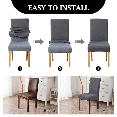 Genina Waterproof Dining Chair Covers Set of 6,Stretch Dining Room Chair Slipcovers with Leaf Jacquard,Removable Kitchen Chair Protector for Home,Restaurant,Banquet-Dark Grey - Thumbnail 5