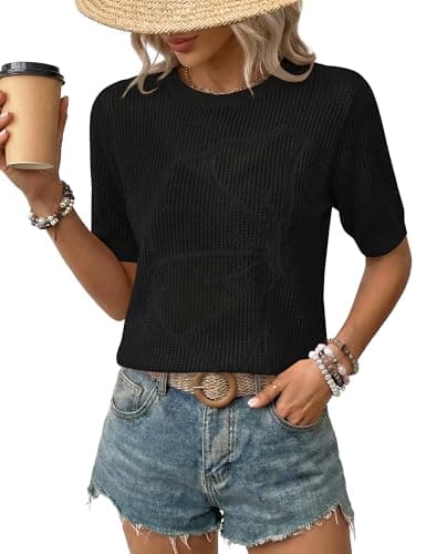 LaGracia Womens Short Sleeve Crochet Sweater Summer Crochet Tops Lightweight Hollow Out Crewneck Pullover Beach Coverup Black M - Image 1