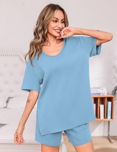 Totatuit Women's Oversized T-Shirt and Shorts Set 2 Piece Summer Outfits High Waisted Lounge Sets with Pockets Casual Travel Clothes Light Blue Small - Thumbnail 4