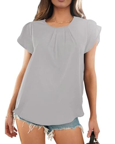 PRETTYGARDEN Women's Tops 2026 Casual Summer Round Neck Short Sleeve Basic Pleated Loose Fit Blouses Plain Tunic Shirts(Grey,Medium) - Thumbnail 6